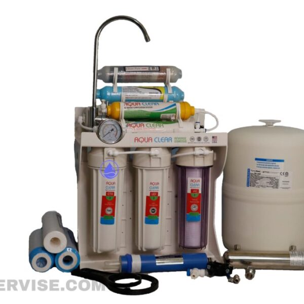 دستگاه تصفیه آب خانگی آکوا کلیر+قلیایی و معدنی ساز مکمل کد (AQUA-CLEAR_RO8+ORP_MINERAL FOUR STAGE_485)